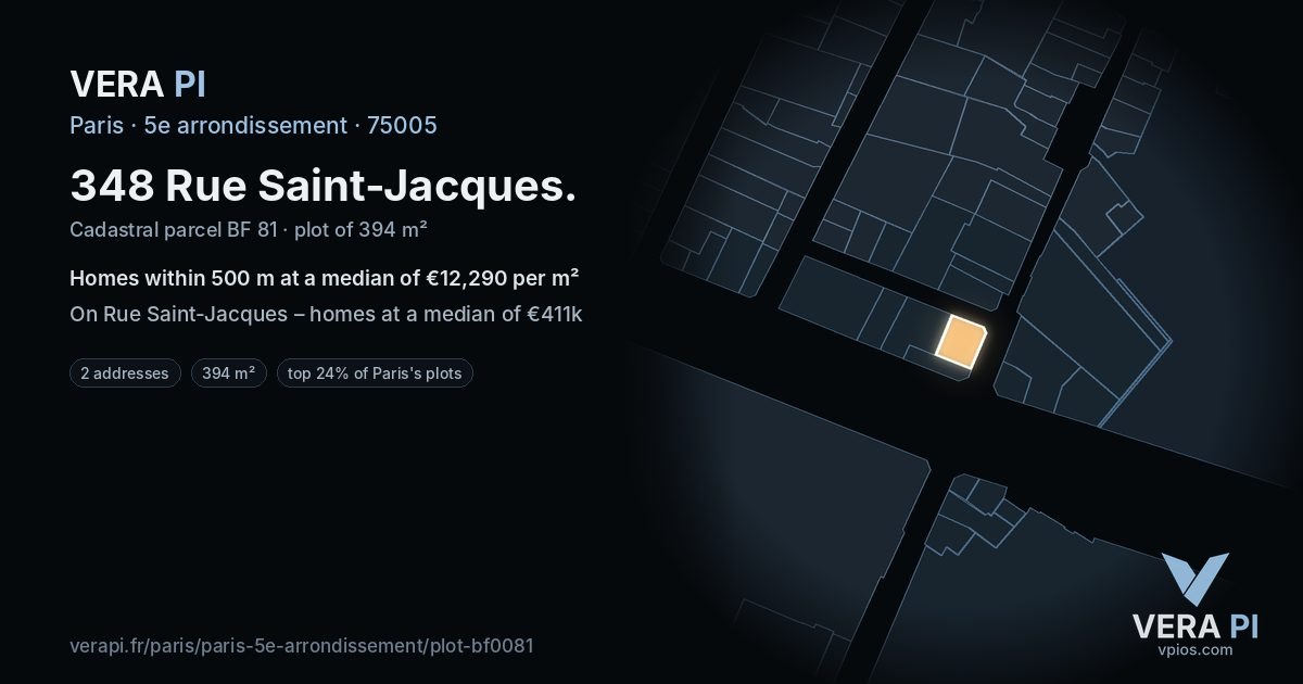 348 Rue Saint-Jacques, 5e arrondissement at night – the plot lit, the parcels around coloured by the prices near them