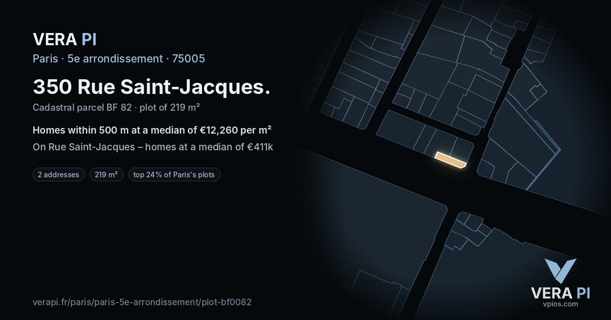 350 Rue Saint-Jacques, 5e arrondissement at night – the plot lit, the parcels around coloured by the prices near them