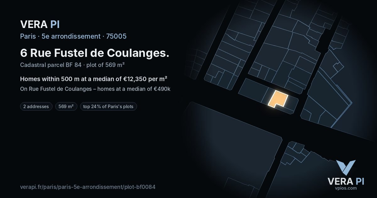 6 Rue Fustel de Coulanges, 5e arrondissement at night – the plot lit, the parcels around coloured by the prices near them