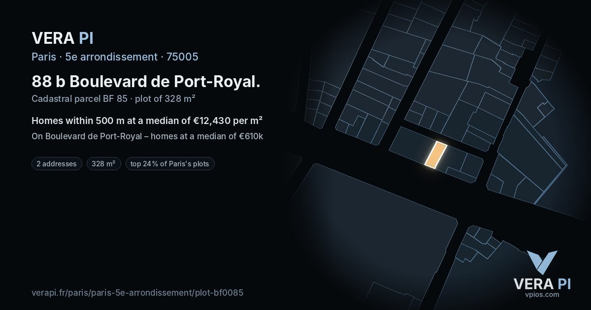 88 b Boulevard de Port-Royal, 5e arrondissement at night – the plot lit, the parcels around coloured by the prices near them