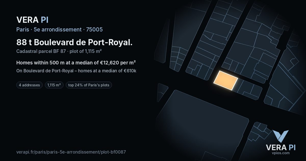 88 t Boulevard de Port-Royal, 5e arrondissement at night – the plot lit, the parcels around coloured by the prices near them