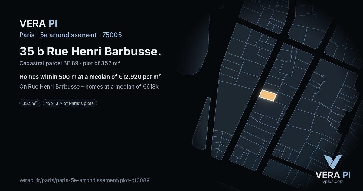 35 b Rue Henri Barbusse, 5e arrondissement at night – the plot lit, the parcels around coloured by the prices near them