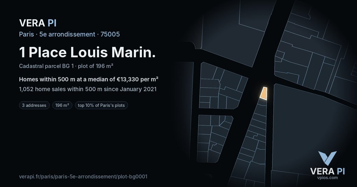 1 Place Louis Marin, 5e arrondissement at night – the plot lit, the parcels around coloured by the prices near them
