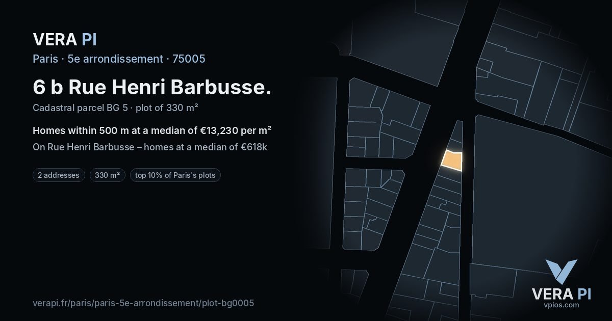 6 b Rue Henri Barbusse, 5e arrondissement at night – the plot lit, the parcels around coloured by the prices near them