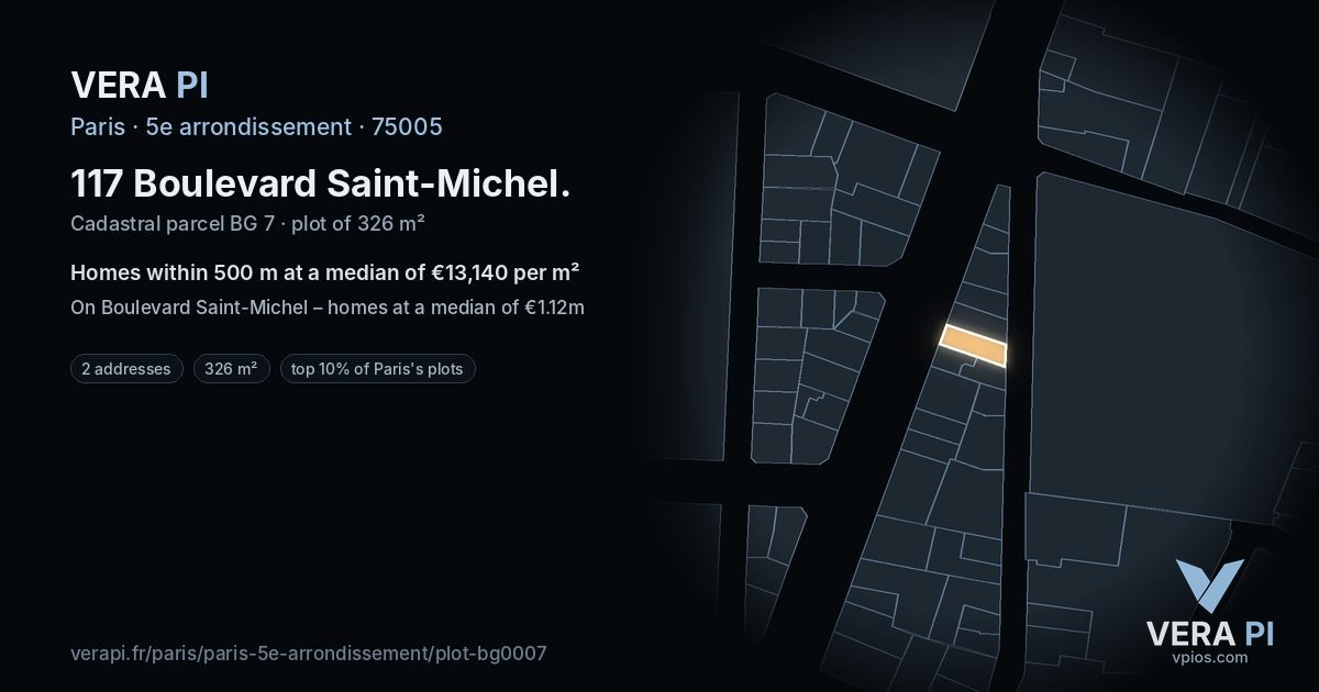 117 Boulevard Saint-Michel, 5e arrondissement at night – the plot lit, the parcels around coloured by the prices near them