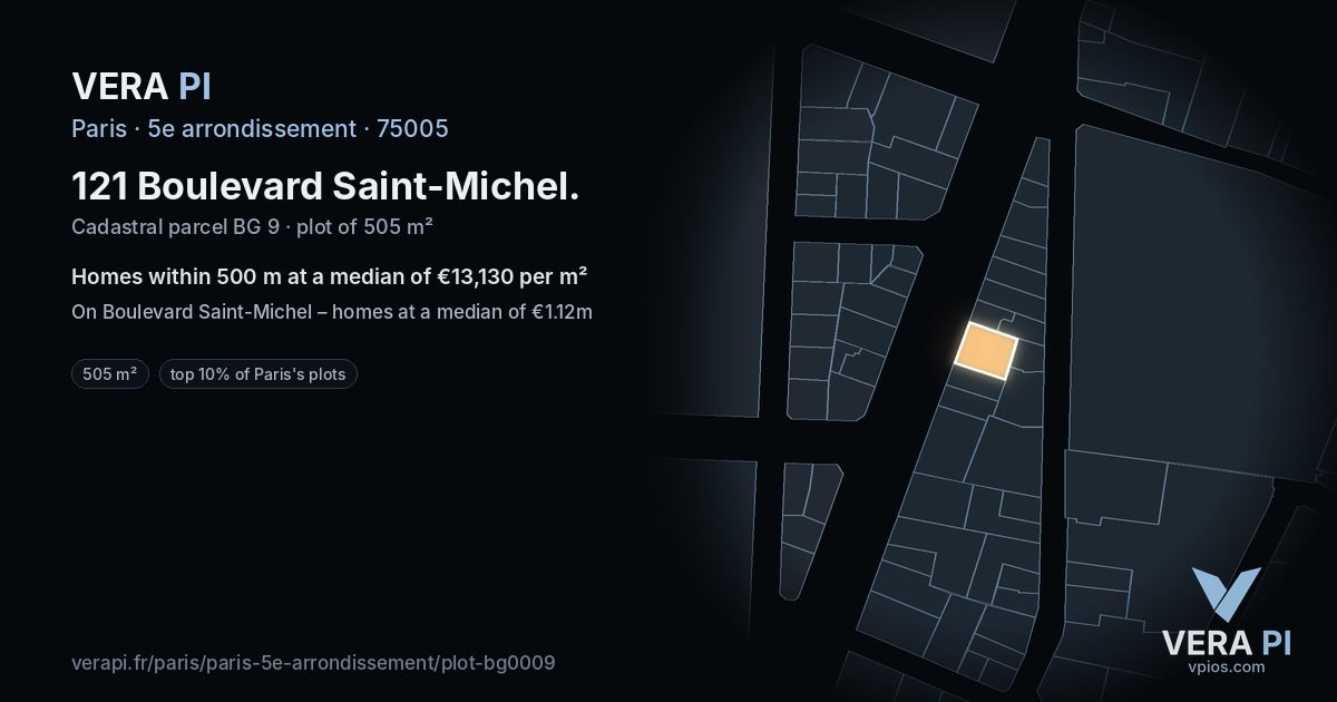 121 Boulevard Saint-Michel, 5e arrondissement at night – the plot lit, the parcels around coloured by the prices near them
