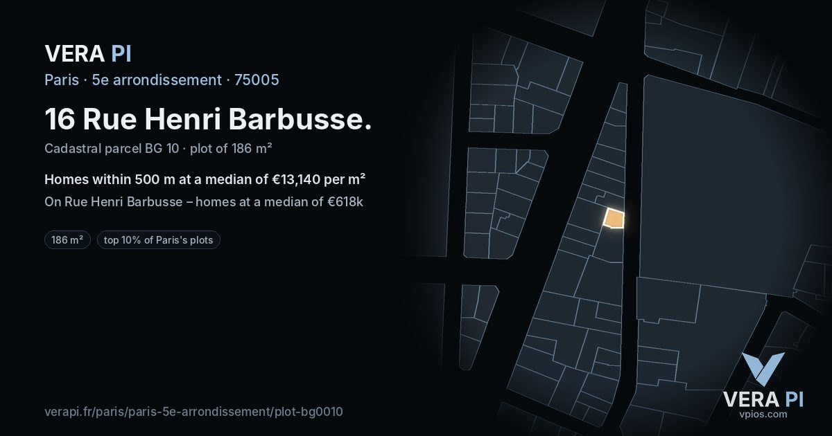 16 Rue Henri Barbusse, 5e arrondissement at night – the plot lit, the parcels around coloured by the prices near them