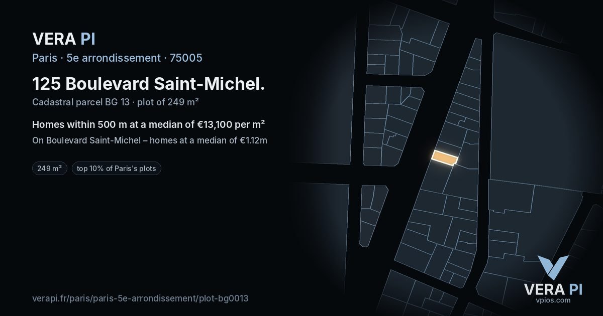 125 Boulevard Saint-Michel, 5e arrondissement at night – the plot lit, the parcels around coloured by the prices near them