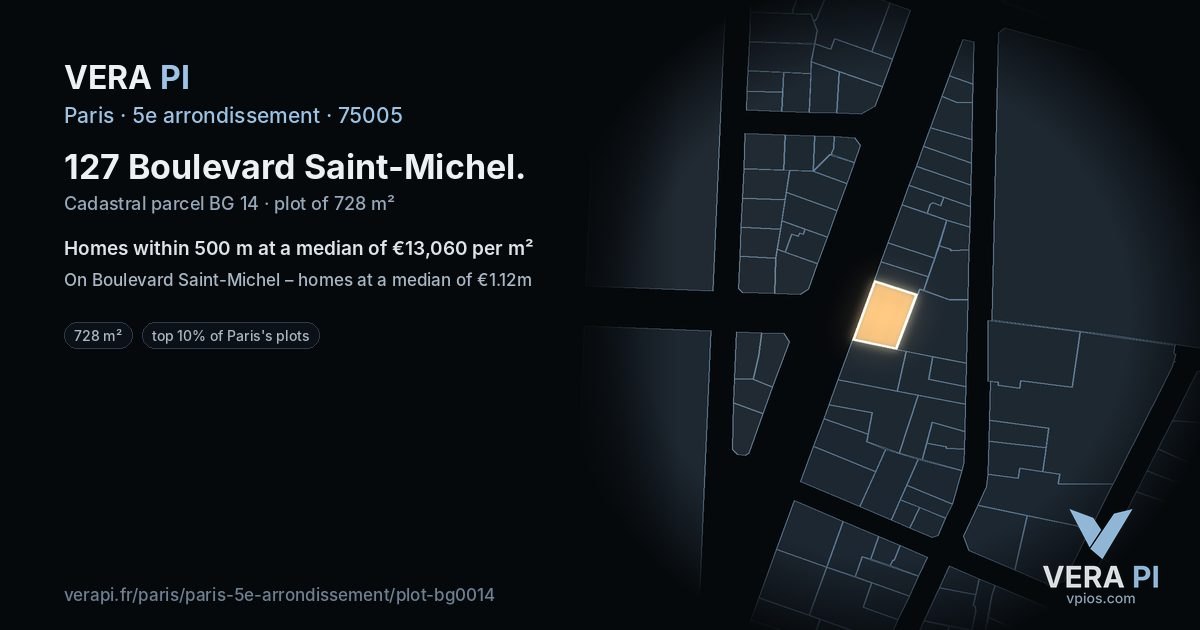 127 Boulevard Saint-Michel, 5e arrondissement at night – the plot lit, the parcels around coloured by the prices near them