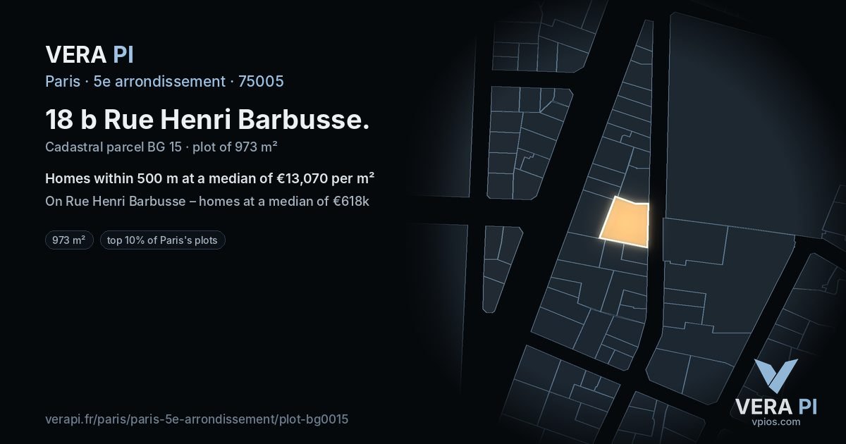 18 b Rue Henri Barbusse, 5e arrondissement at night – the plot lit, the parcels around coloured by the prices near them