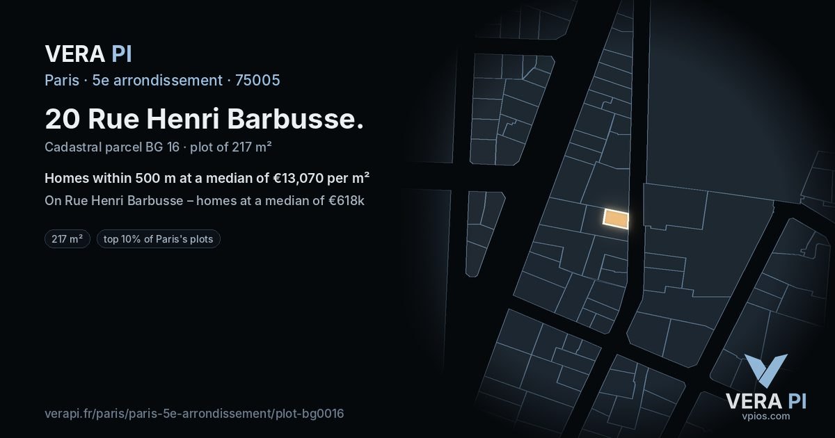 20 Rue Henri Barbusse, 5e arrondissement at night – the plot lit, the parcels around coloured by the prices near them