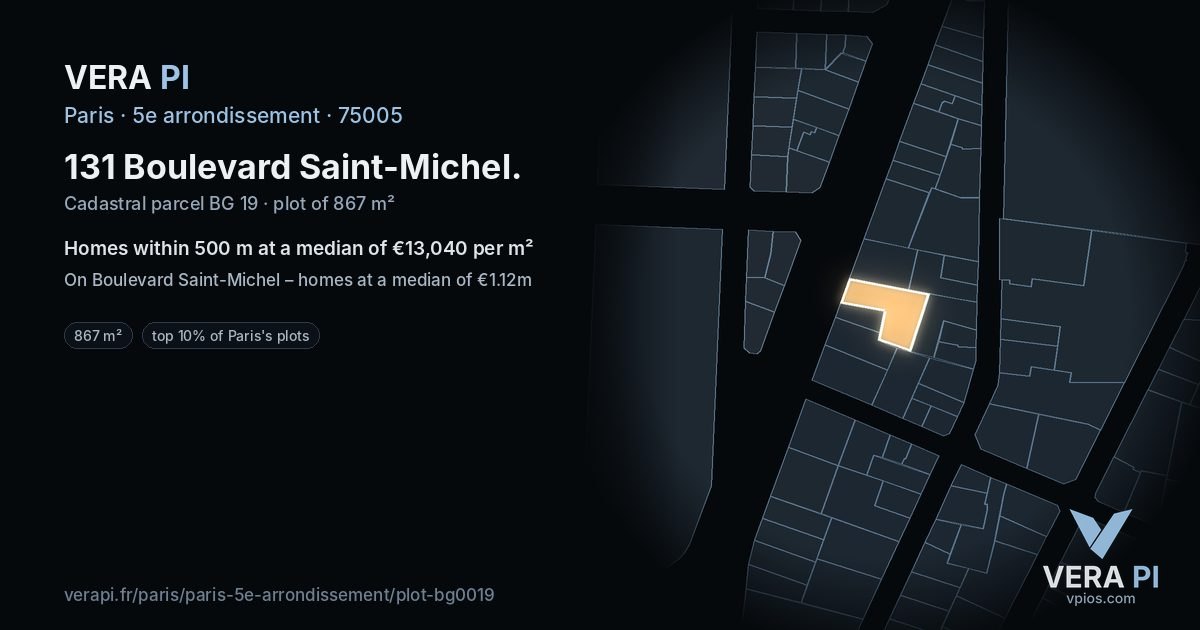 131 Boulevard Saint-Michel, 5e arrondissement at night – the plot lit, the parcels around coloured by the prices near them