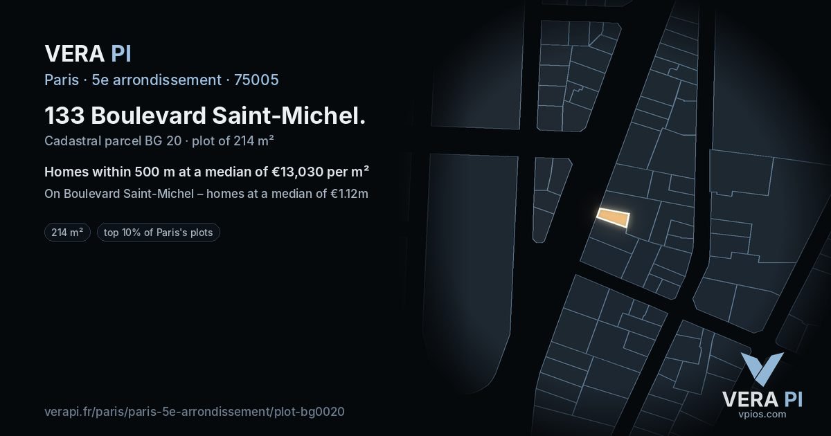 133 Boulevard Saint-Michel, 5e arrondissement at night – the plot lit, the parcels around coloured by the prices near them