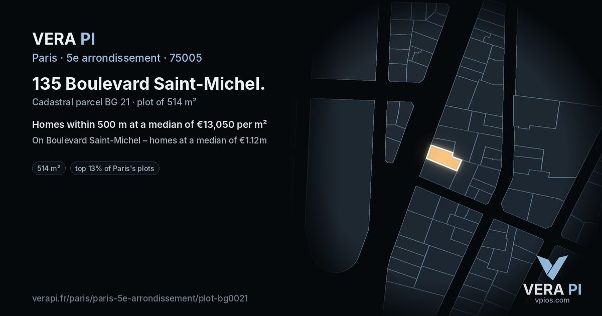 135 Boulevard Saint-Michel, 5e arrondissement at night – the plot lit, the parcels around coloured by the prices near them