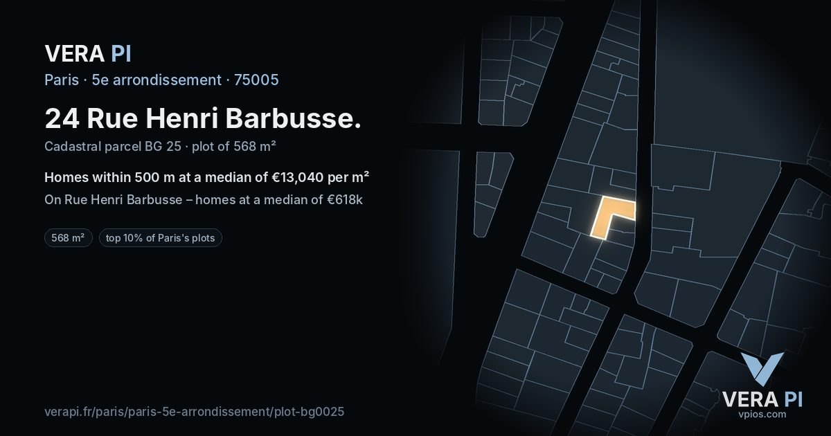 24 Rue Henri Barbusse, 5e arrondissement at night – the plot lit, the parcels around coloured by the prices near them