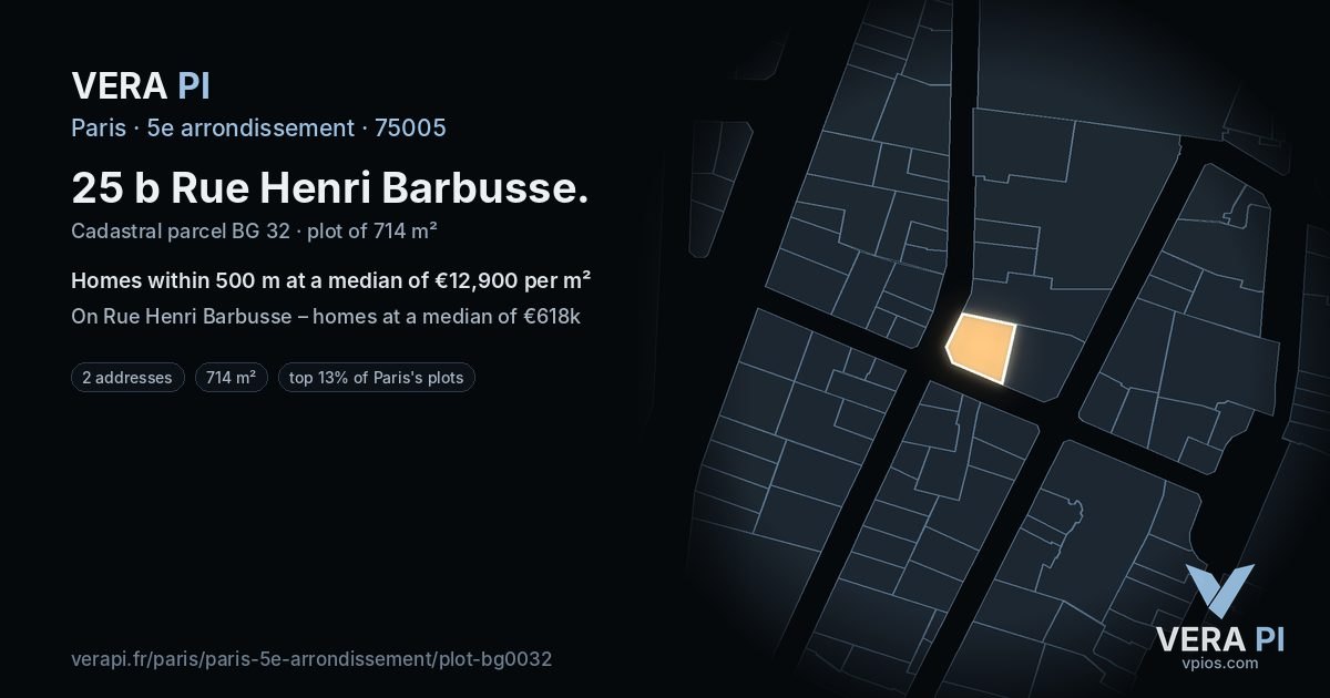 25 b Rue Henri Barbusse, 5e arrondissement at night – the plot lit, the parcels around coloured by the prices near them