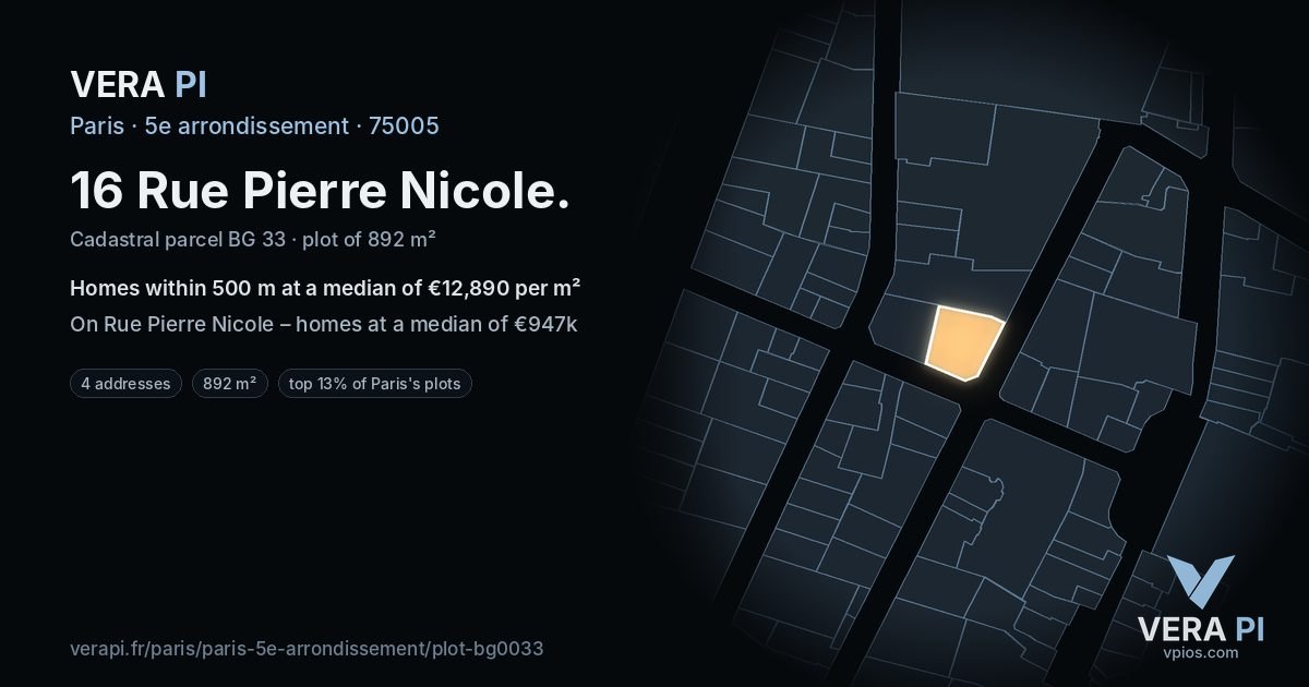 16 Rue Pierre Nicole, 5e arrondissement at night – the plot lit, the parcels around coloured by the prices near them