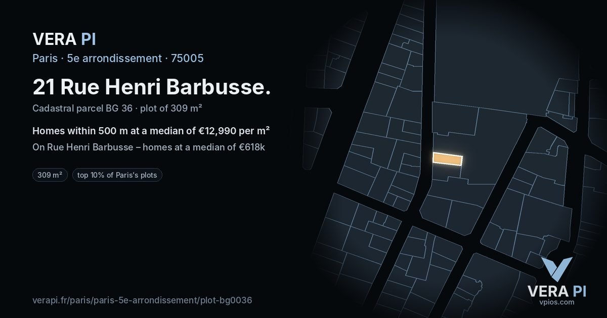 21 Rue Henri Barbusse, 5e arrondissement at night – the plot lit, the parcels around coloured by the prices near them