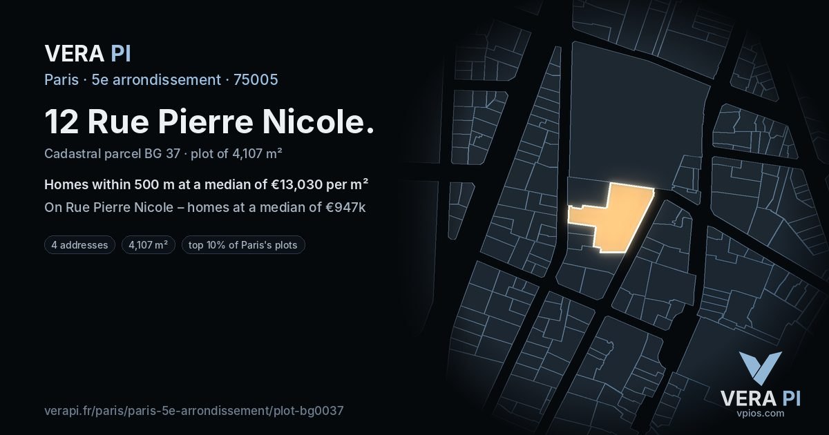 12 Rue Pierre Nicole, 5e arrondissement at night – the plot lit, the parcels around coloured by the prices near them