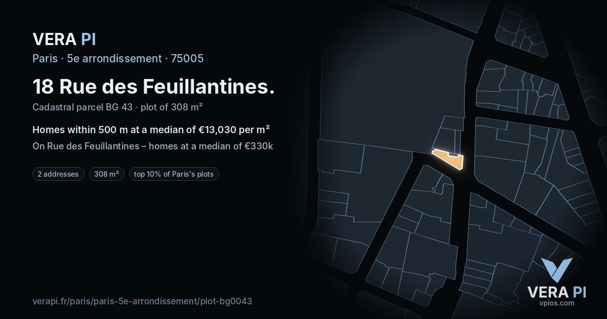 18 Rue des Feuillantines, 5e arrondissement at night – the plot lit, the parcels around coloured by the prices near them
