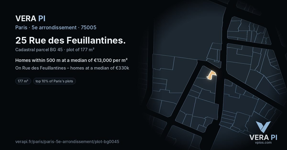 25 Rue des Feuillantines, 5e arrondissement at night – the plot lit, the parcels around coloured by the prices near them