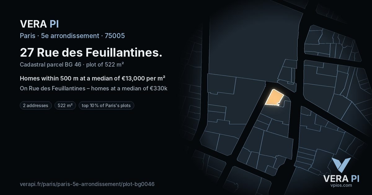27 Rue des Feuillantines, 5e arrondissement at night – the plot lit, the parcels around coloured by the prices near them