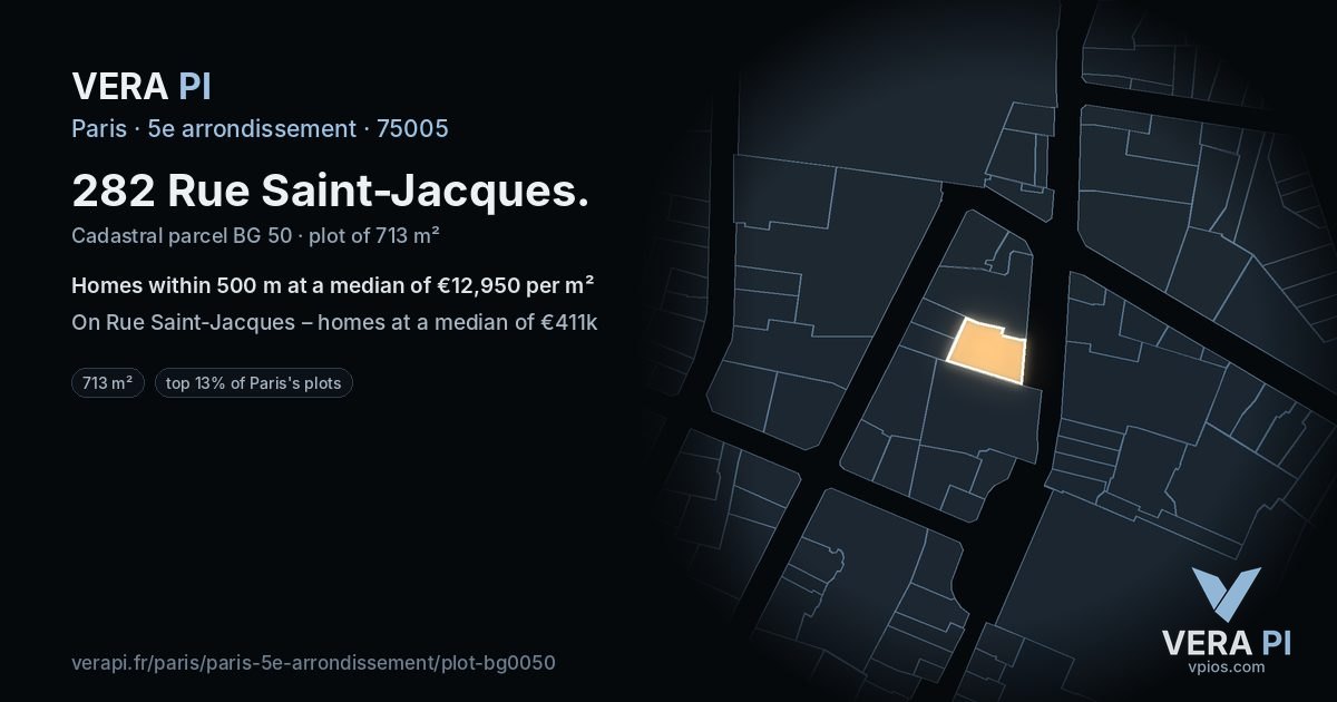 282 Rue Saint-Jacques, 5e arrondissement at night – the plot lit, the parcels around coloured by the prices near them