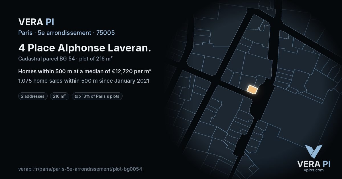 4 Place Alphonse Laveran, 5e arrondissement at night – the plot lit, the parcels around coloured by the prices near them