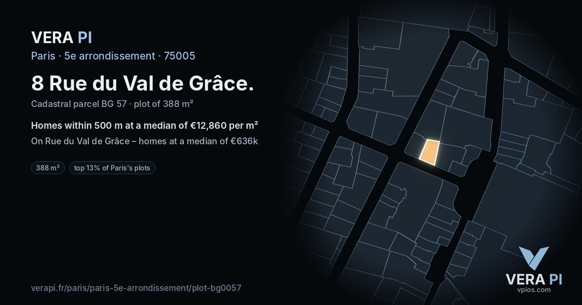 8 Rue du Val de Grâce, 5e arrondissement at night – the plot lit, the parcels around coloured by the prices near them
