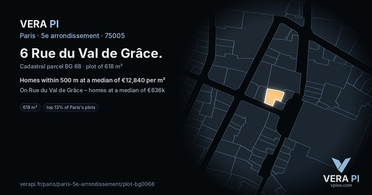 6 Rue du Val de Grâce, 5e arrondissement at night – the plot lit, the parcels around coloured by the prices near them