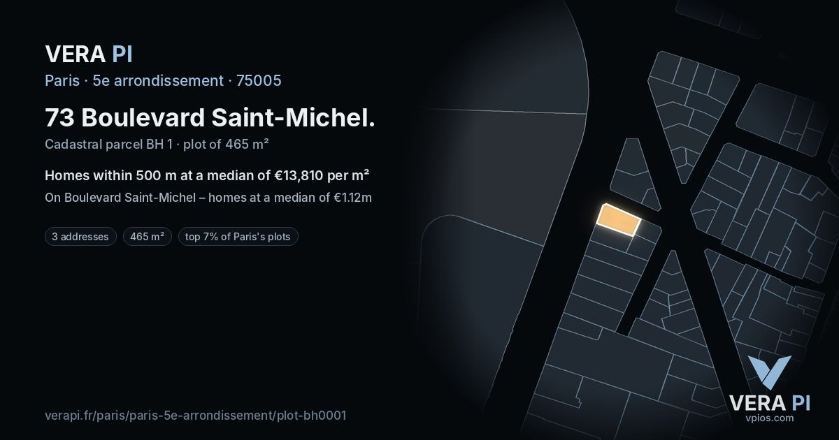 73 Boulevard Saint-Michel, 5e arrondissement at night – the plot lit, the parcels around coloured by the prices near them