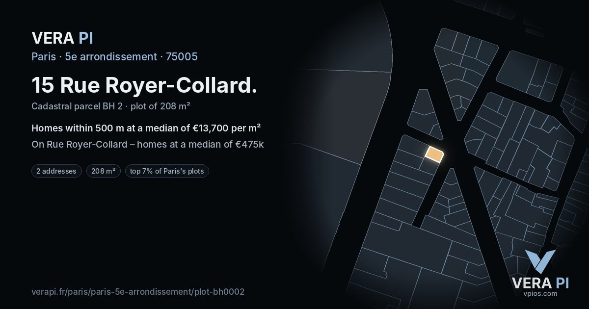 15 Rue Royer-Collard, 5e arrondissement at night – the plot lit, the parcels around coloured by the prices near them