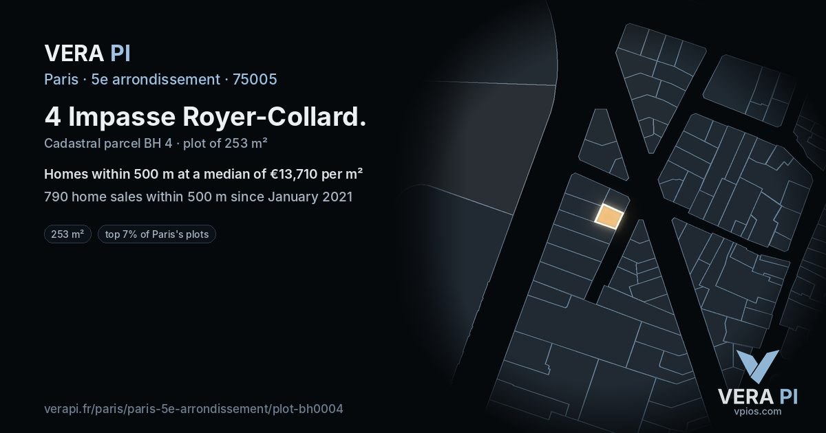 4 Impasse Royer-Collard, 5e arrondissement at night – the plot lit, the parcels around coloured by the prices near them