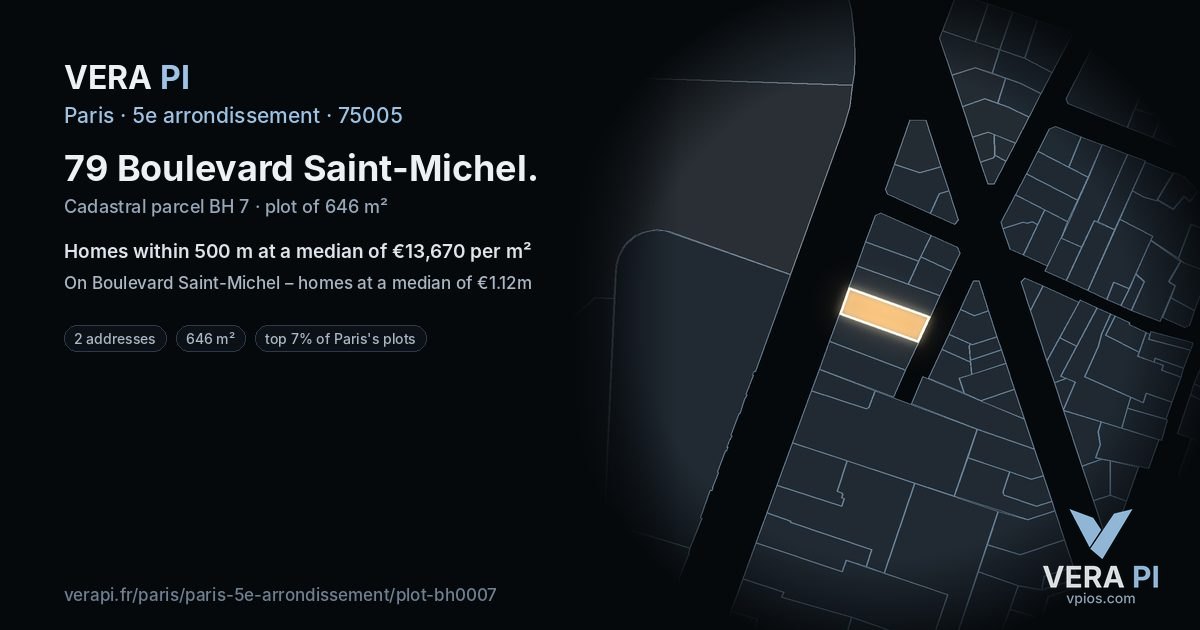 79 Boulevard Saint-Michel, 5e arrondissement at night – the plot lit, the parcels around coloured by the prices near them