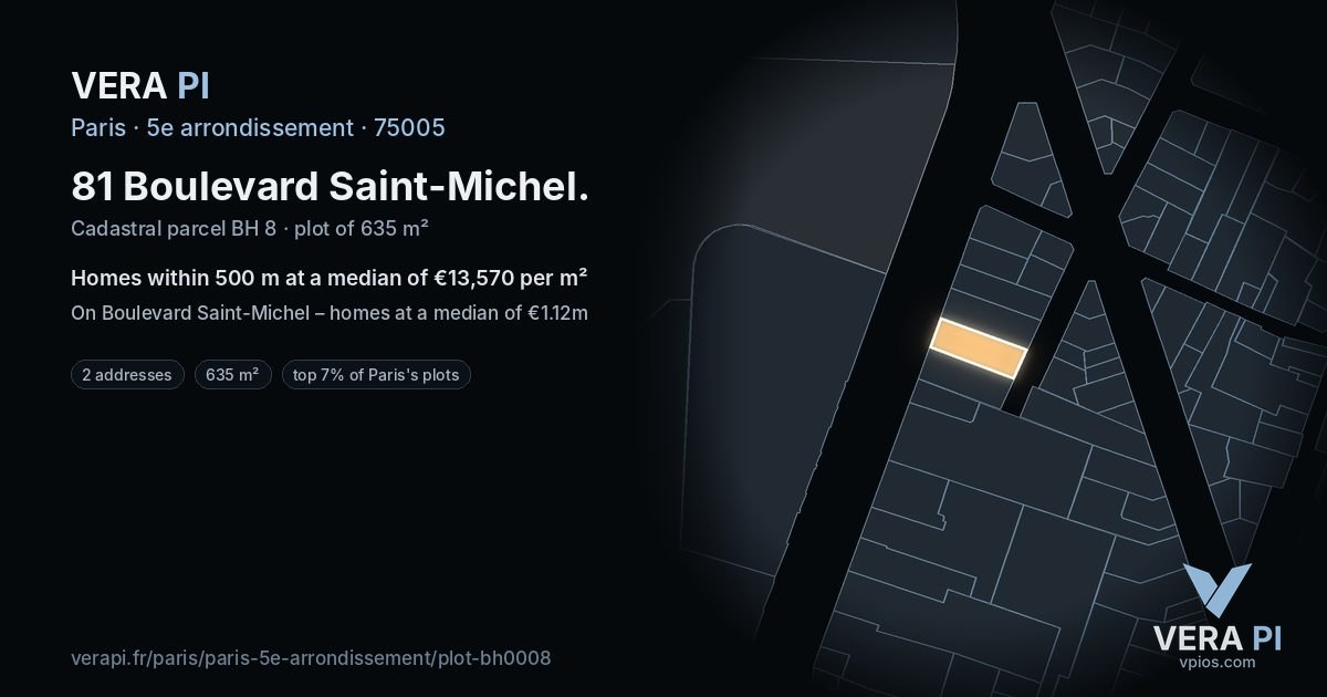 81 Boulevard Saint-Michel, 5e arrondissement at night – the plot lit, the parcels around coloured by the prices near them