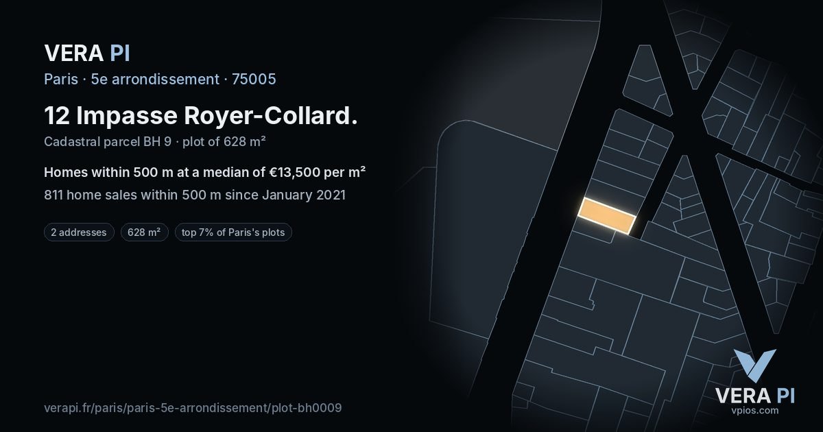 12 Impasse Royer-Collard, 5e arrondissement at night – the plot lit, the parcels around coloured by the prices near them