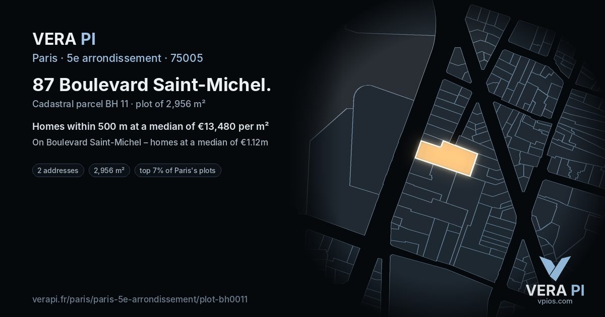 87 Boulevard Saint-Michel, 5e arrondissement at night – the plot lit, the parcels around coloured by the prices near them