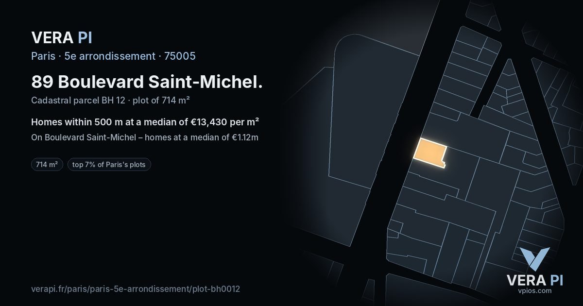 89 Boulevard Saint-Michel, 5e arrondissement at night – the plot lit, the parcels around coloured by the prices near them