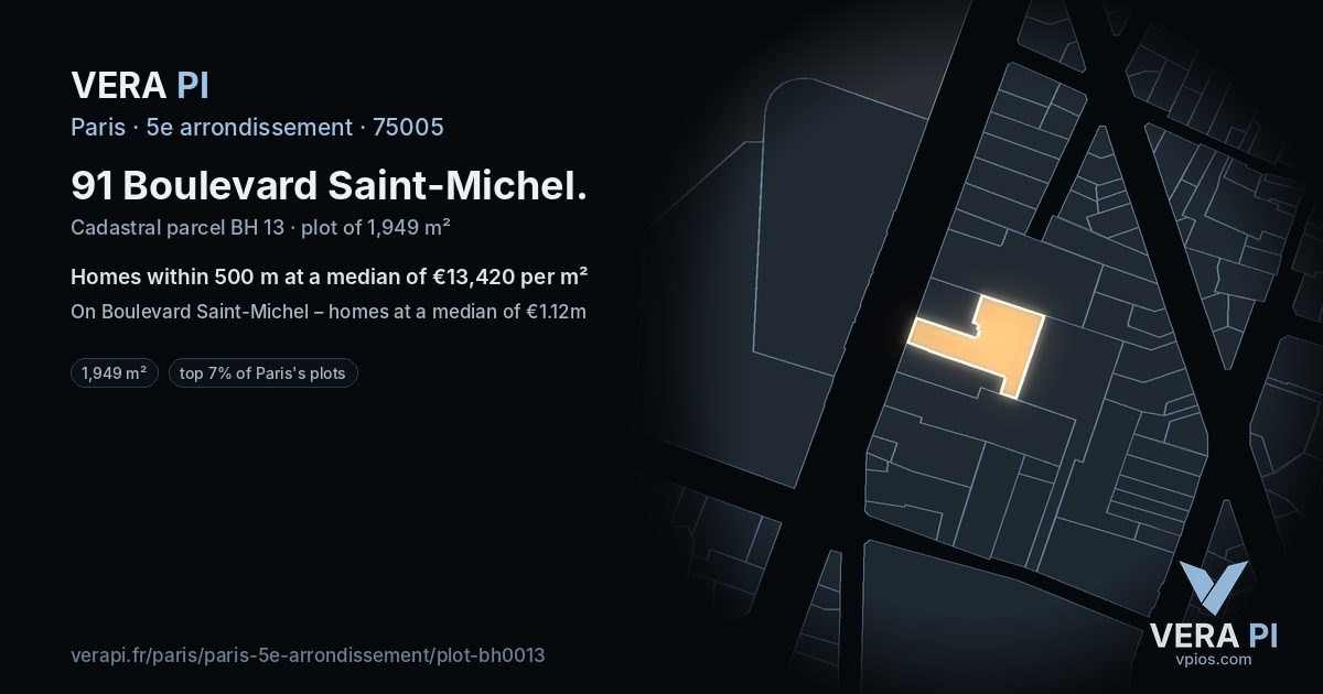 91 Boulevard Saint-Michel, 5e arrondissement at night – the plot lit, the parcels around coloured by the prices near them