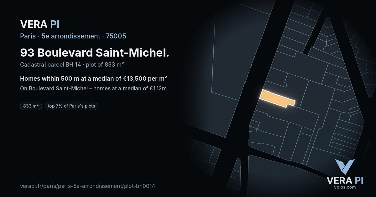 93 Boulevard Saint-Michel, 5e arrondissement at night – the plot lit, the parcels around coloured by the prices near them