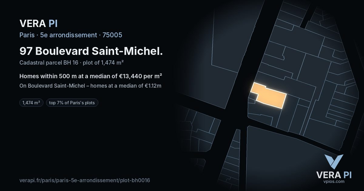 97 Boulevard Saint-Michel, 5e arrondissement at night – the plot lit, the parcels around coloured by the prices near them
