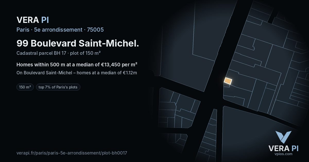99 Boulevard Saint-Michel, 5e arrondissement at night – the plot lit, the parcels around coloured by the prices near them