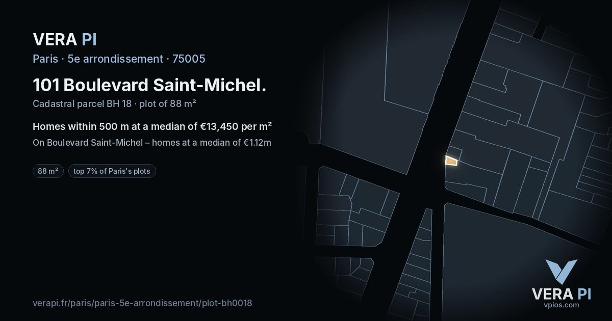 101 Boulevard Saint-Michel, 5e arrondissement at night – the plot lit, the parcels around coloured by the prices near them