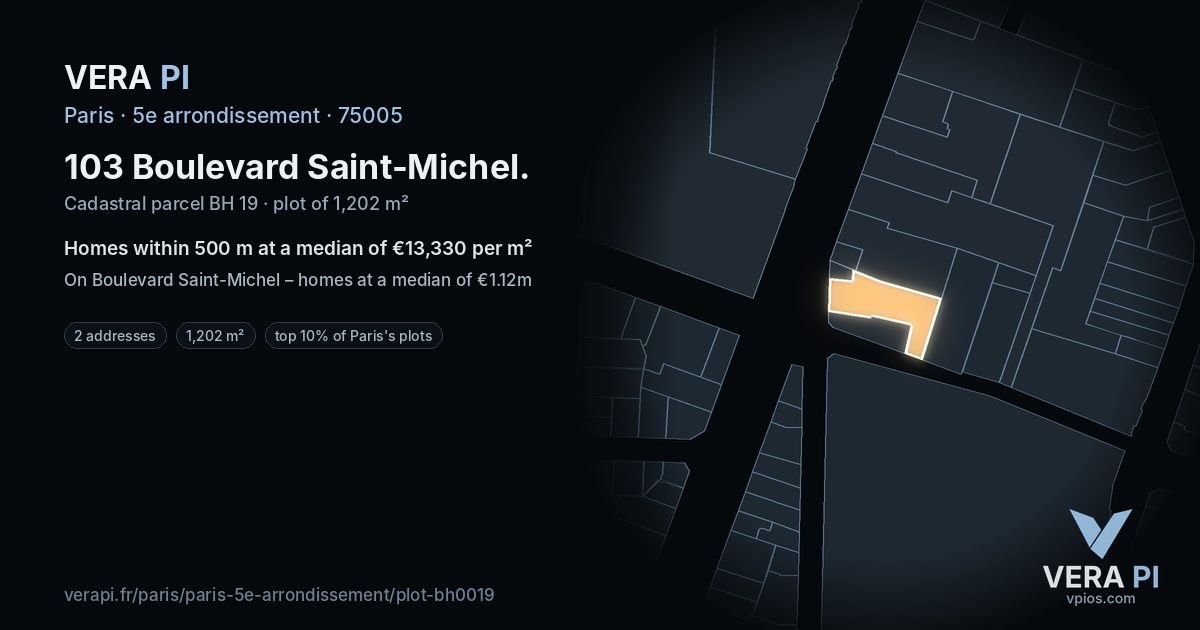103 Boulevard Saint-Michel, 5e arrondissement at night – the plot lit, the parcels around coloured by the prices near them