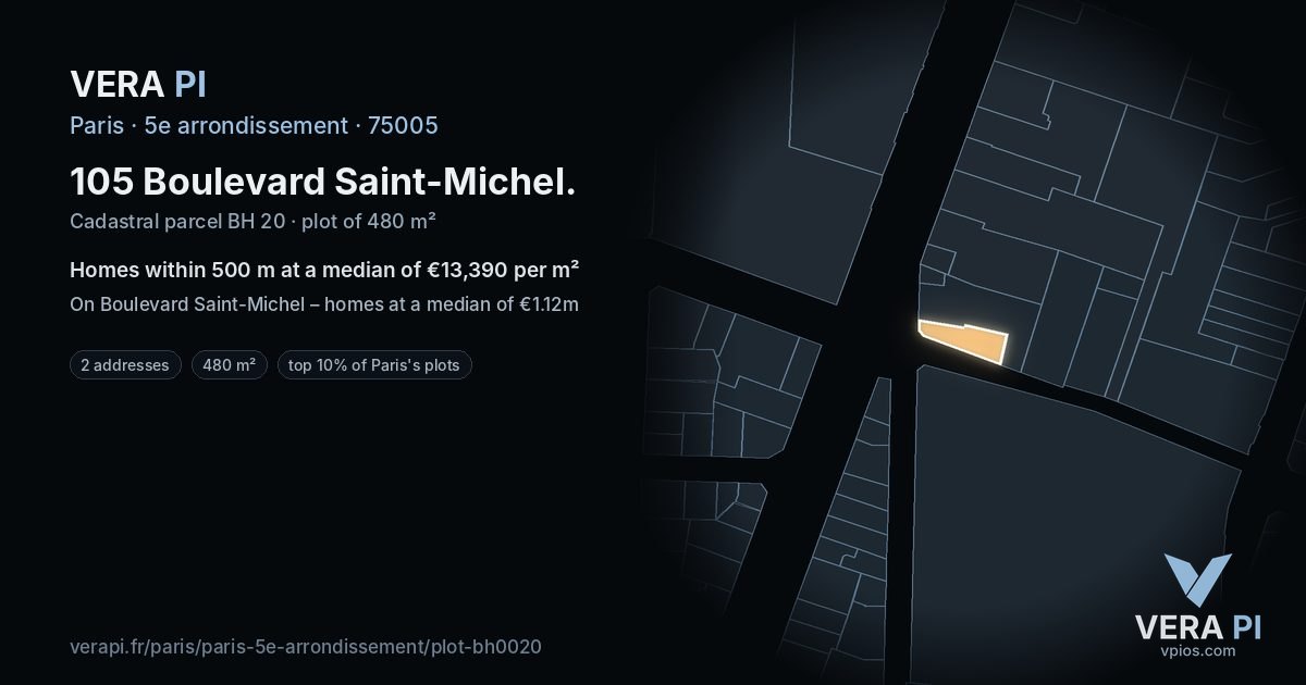 105 Boulevard Saint-Michel, 5e arrondissement at night – the plot lit, the parcels around coloured by the prices near them