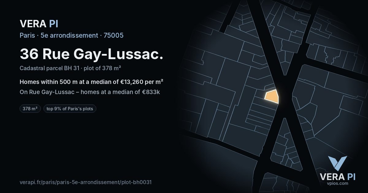 36 Rue Gay-Lussac, 5e arrondissement at night – the plot lit, the parcels around coloured by the prices near them