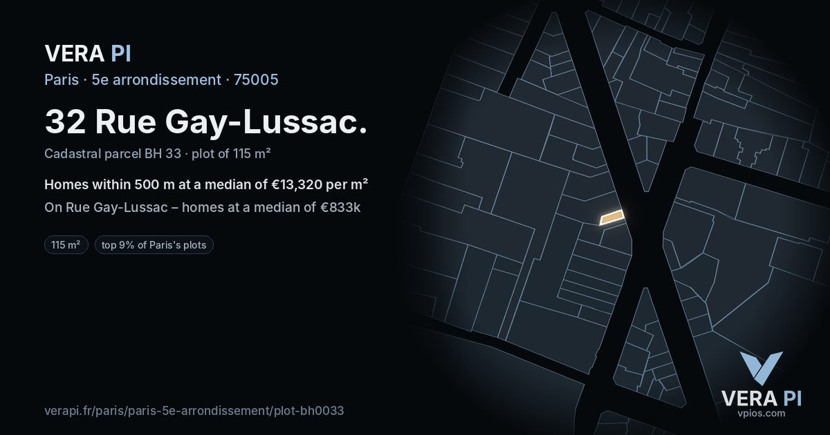 32 Rue Gay-Lussac, 5e arrondissement at night – the plot lit, the parcels around coloured by the prices near them