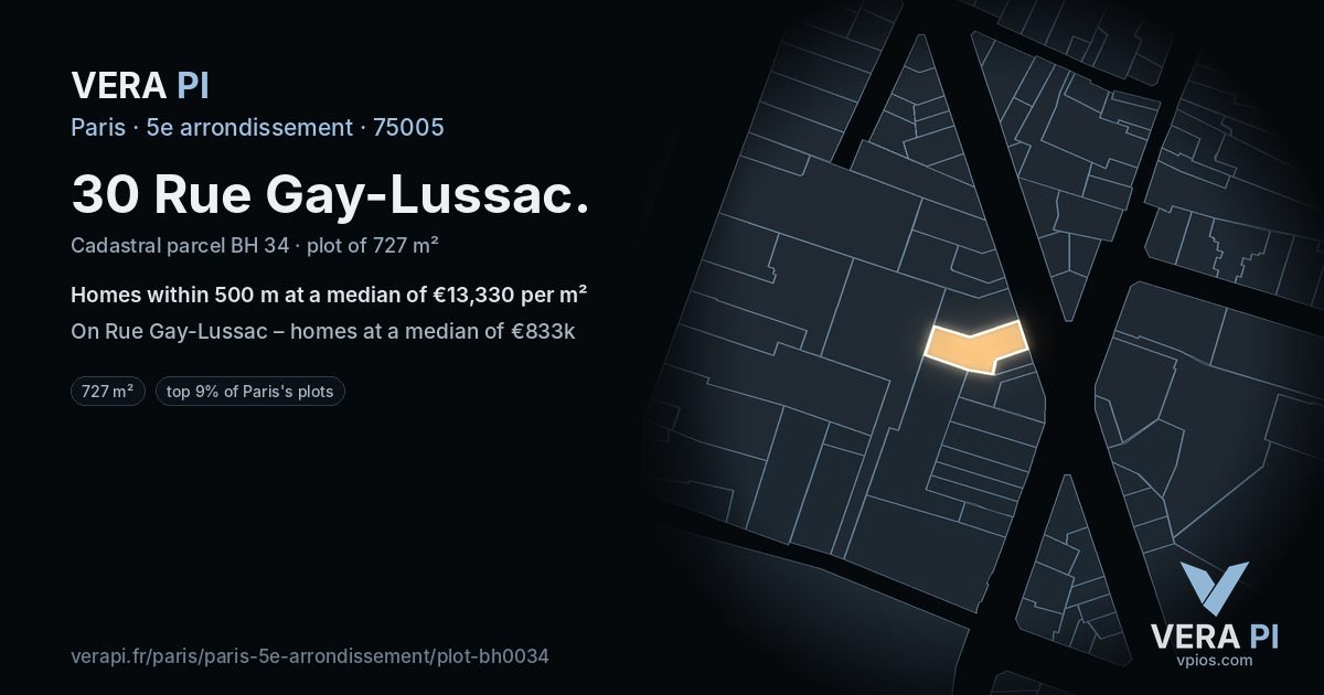 30 Rue Gay-Lussac, 5e arrondissement at night – the plot lit, the parcels around coloured by the prices near them