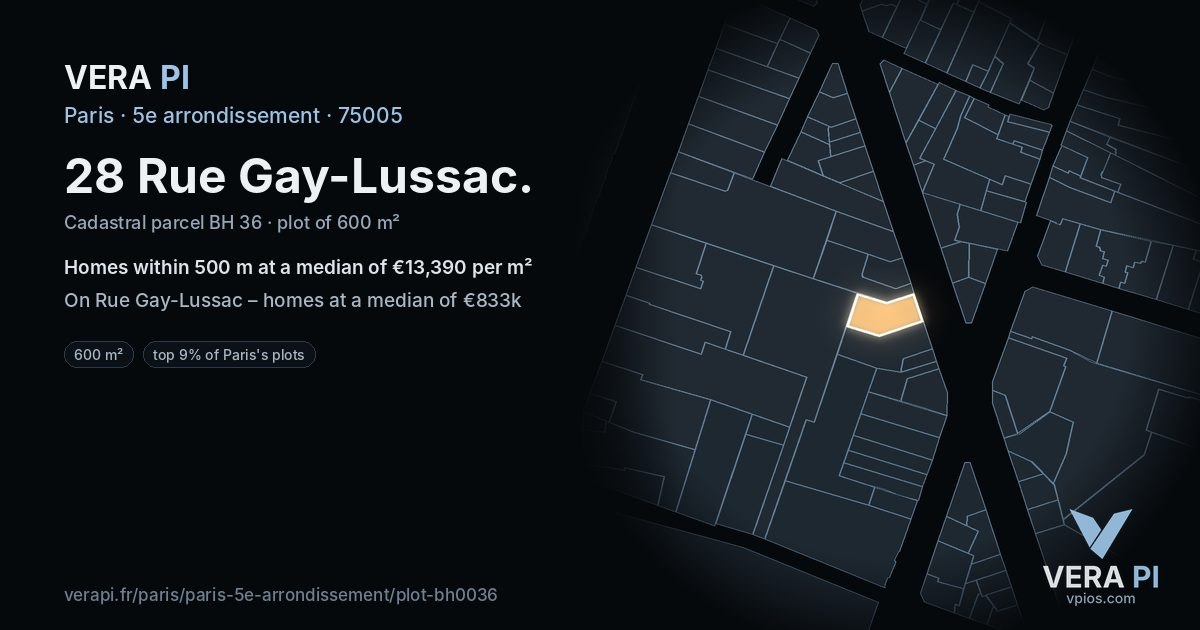 28 Rue Gay-Lussac, 5e arrondissement at night – the plot lit, the parcels around coloured by the prices near them