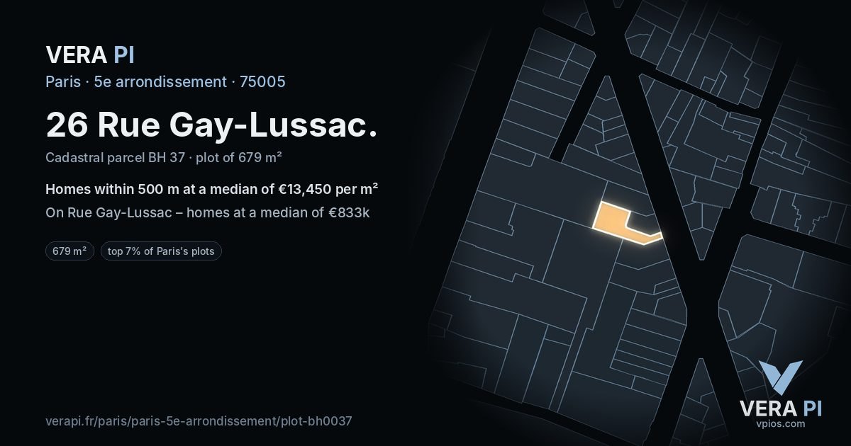 26 Rue Gay-Lussac, 5e arrondissement at night – the plot lit, the parcels around coloured by the prices near them